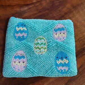 Easter Egg Aqua blue beaded zippered mini clutch, pouch